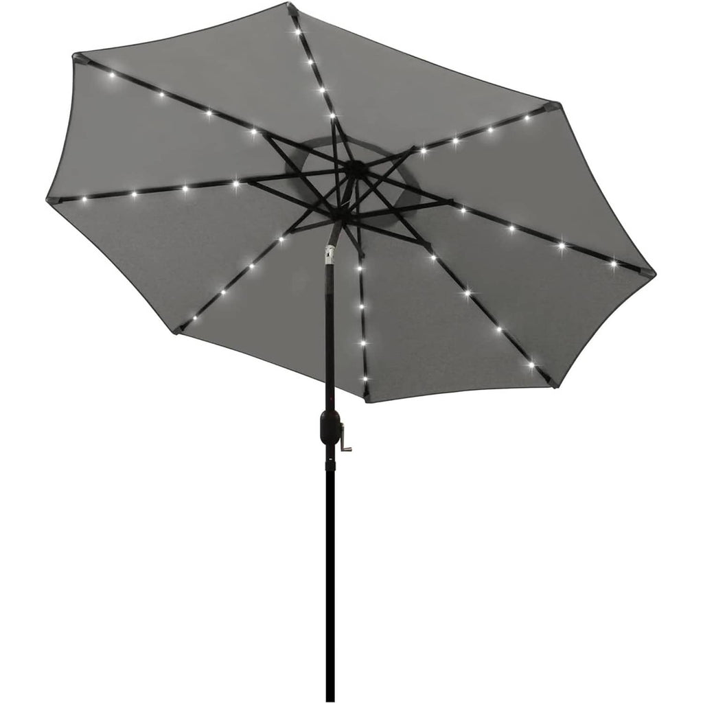 Gray 9 ft patio umbrella with LED string lights and central support pole