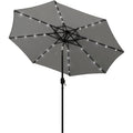 Gray 9 ft patio umbrella with LED string lights and central support pole