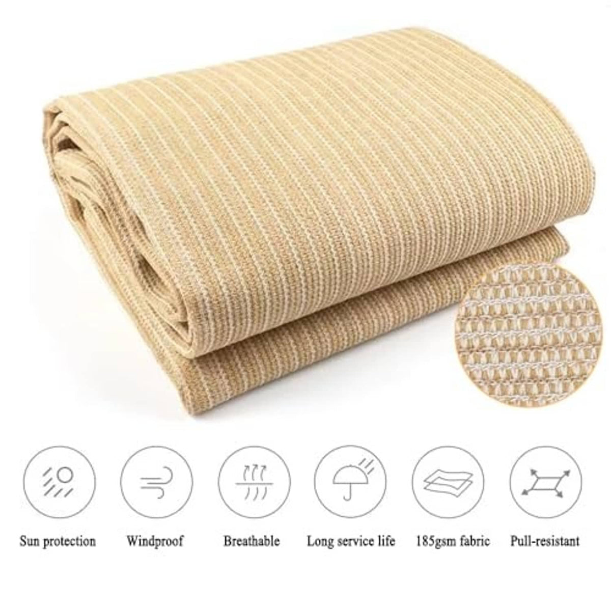 Beige shade mesh netting folded with reinforced edge and corner grommet detail