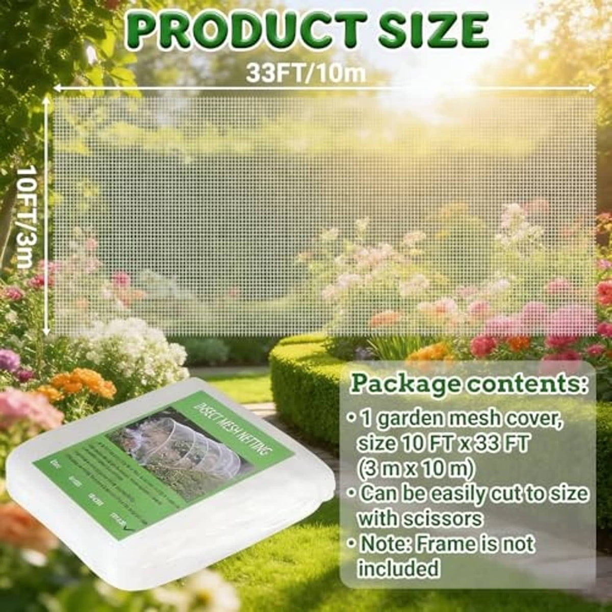 Clear garden netting cover package with size illustration for 10 ft x 33 ft