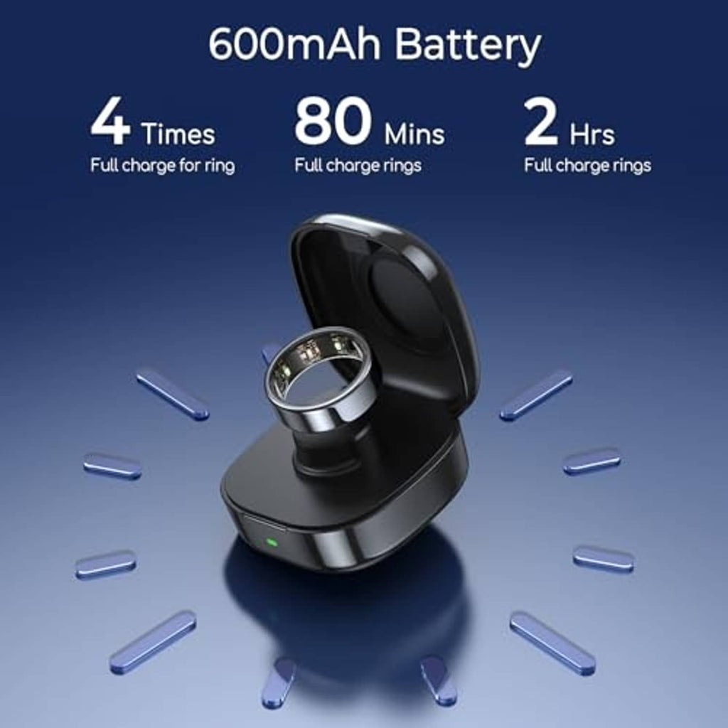 Black charging case standing upright with metal ring dock centered