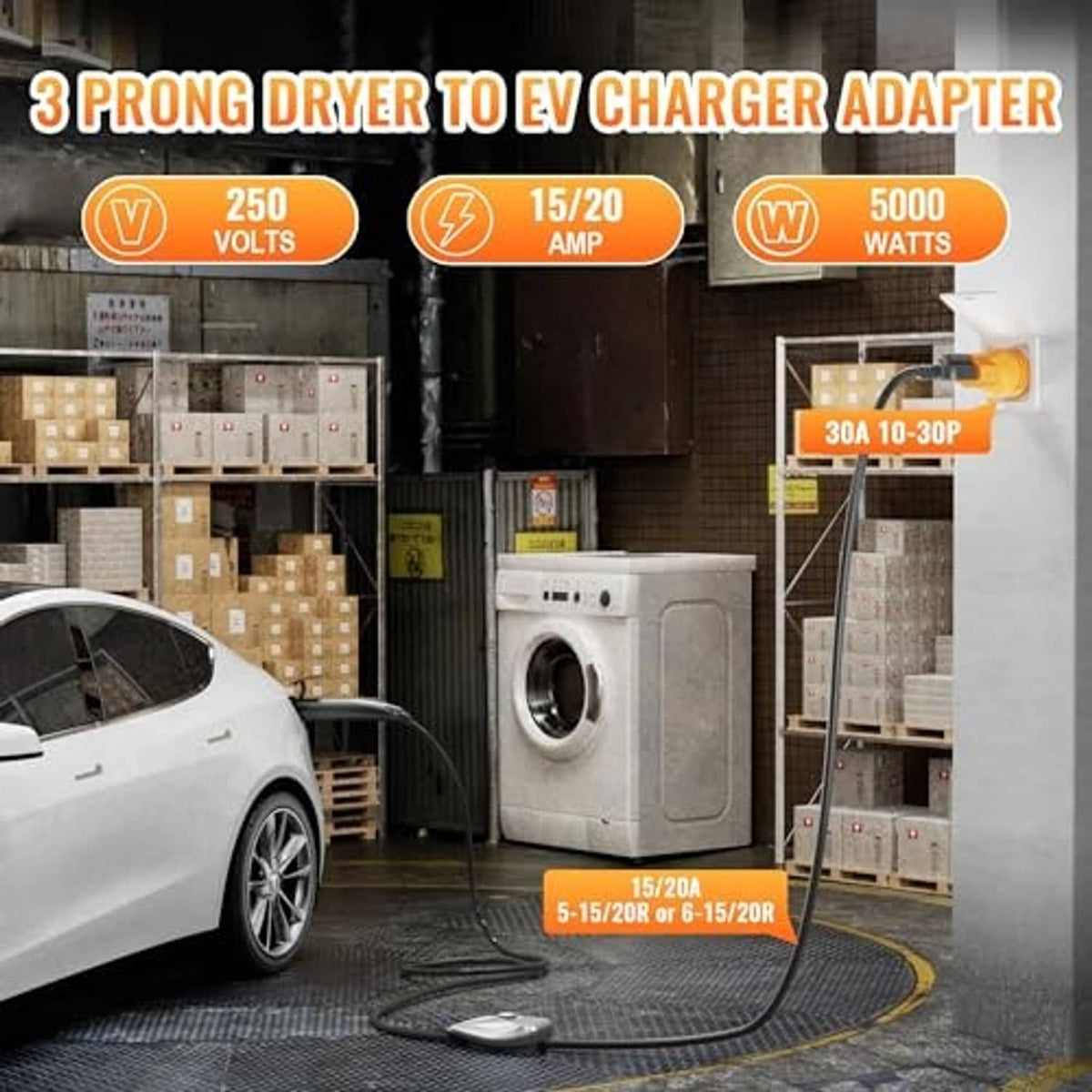 Yellow three-prong dryer-to-EV adapter plug with 30A 10-30P connector