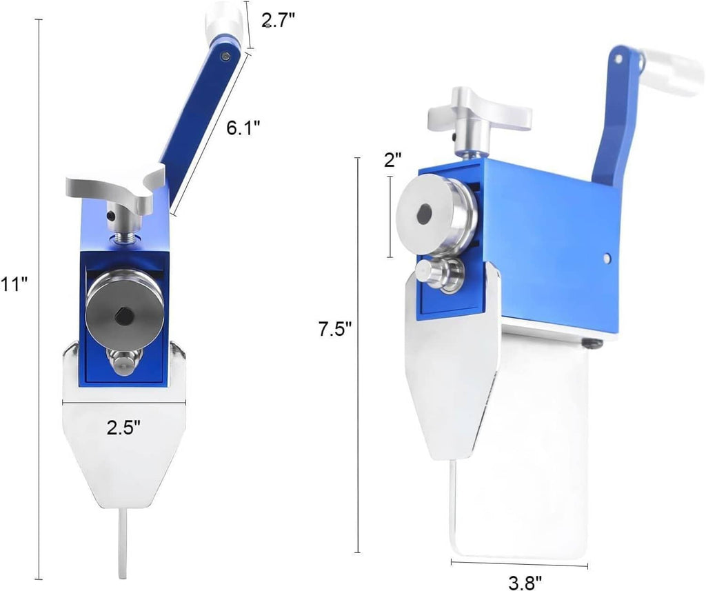 Tube pipe beader tool side profile with roller head, blue arm, and white body