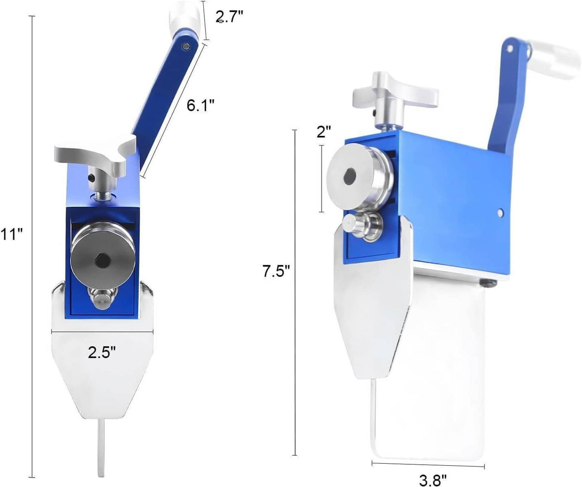 Tube pipe beader tool side profile with roller head, blue arm, and white body