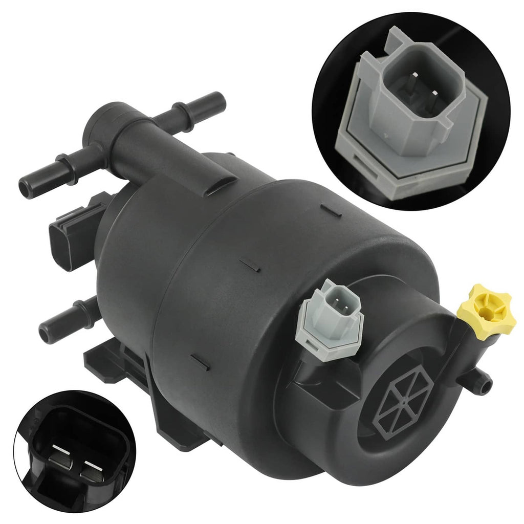 Black electric fuel pump assembly with mounting tabs and electrical connector ports