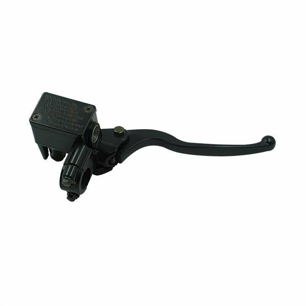 Black front brake master cylinder lever with reservoir block and handlebar clamp