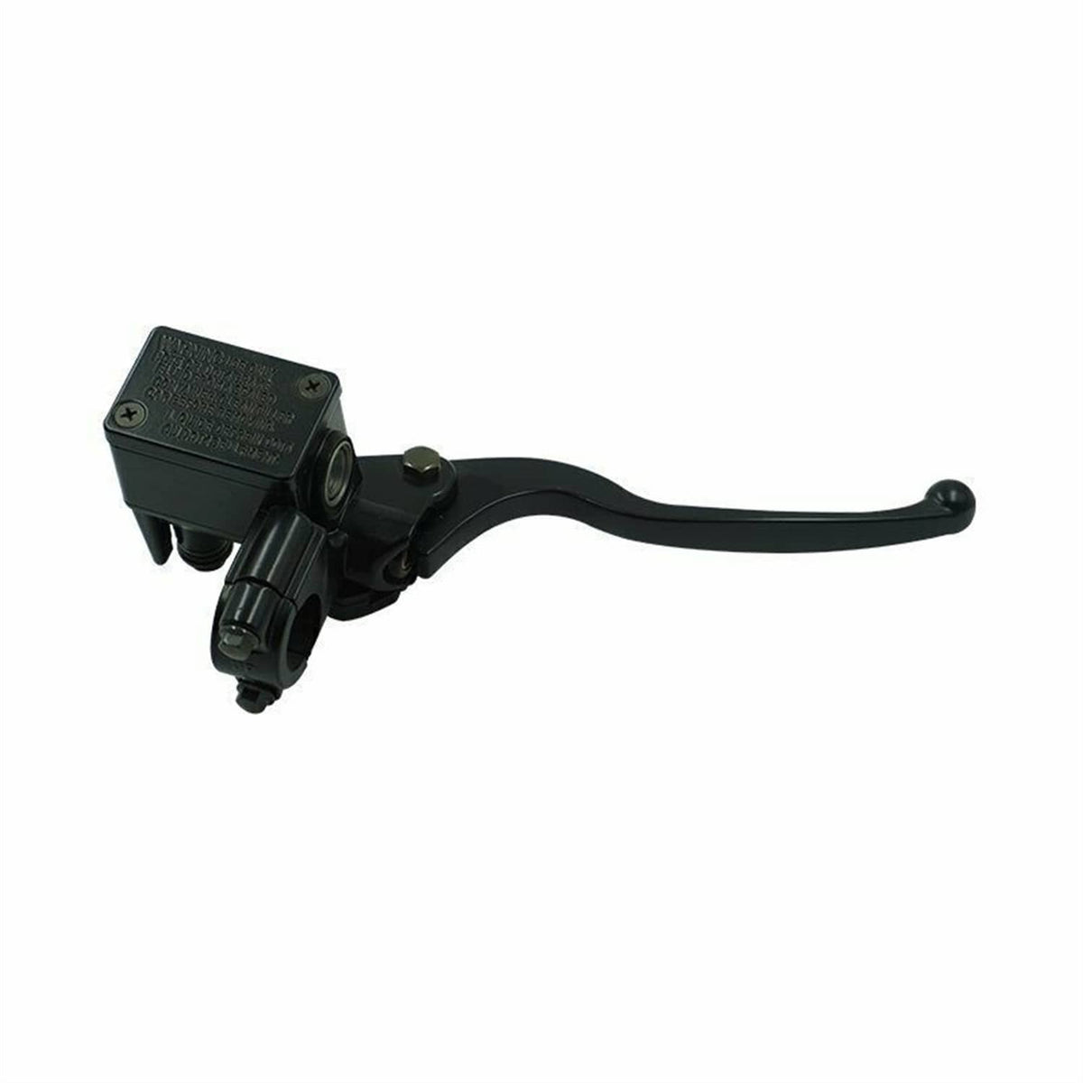 Black front brake master cylinder lever with reservoir block and handlebar clamp