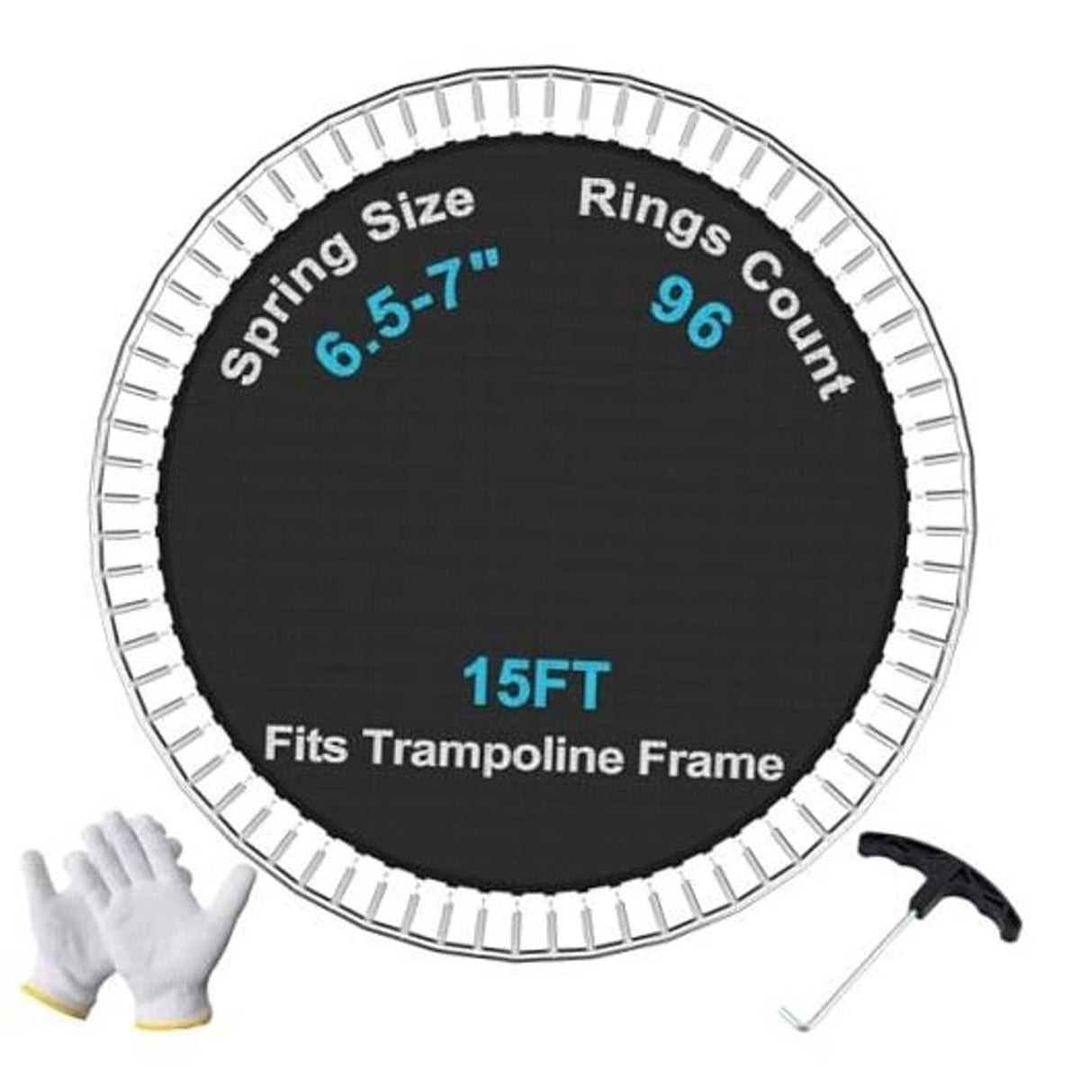 Black trampoline replacement mat with silver spring ring edge and reinforced border