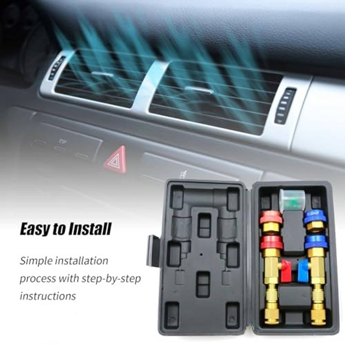 AC valve core tool kit in gray case with red/blue fittings for easy installation