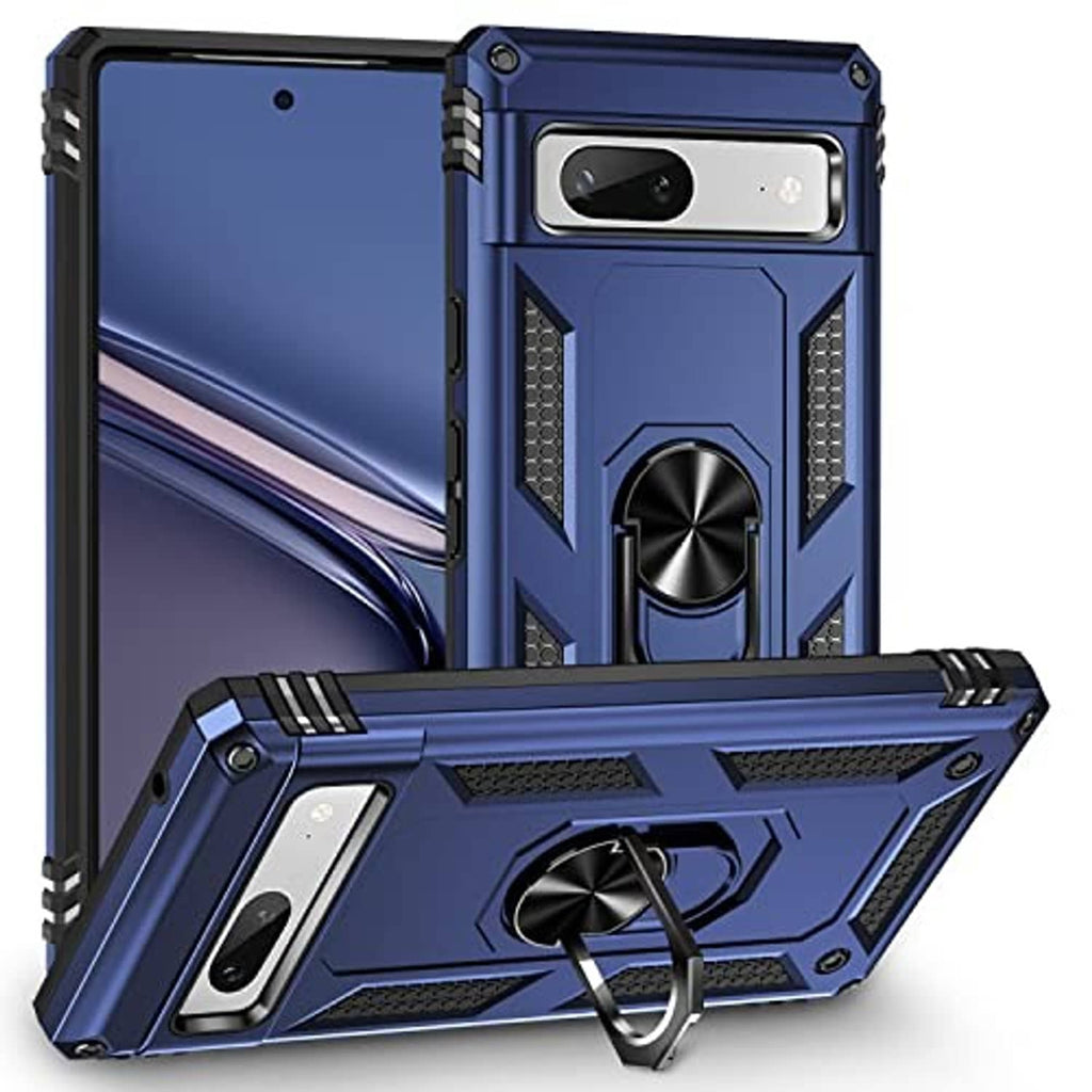 Blue rugged phone case with rear camera cutout and rotating ring kickstand