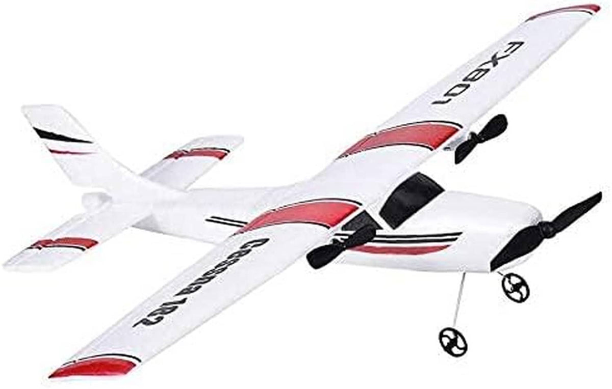 White and red RC airplane in three-quarter view, black propellers visible