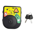 Ignition switch module with black dial and yellow safety label panel, key slot