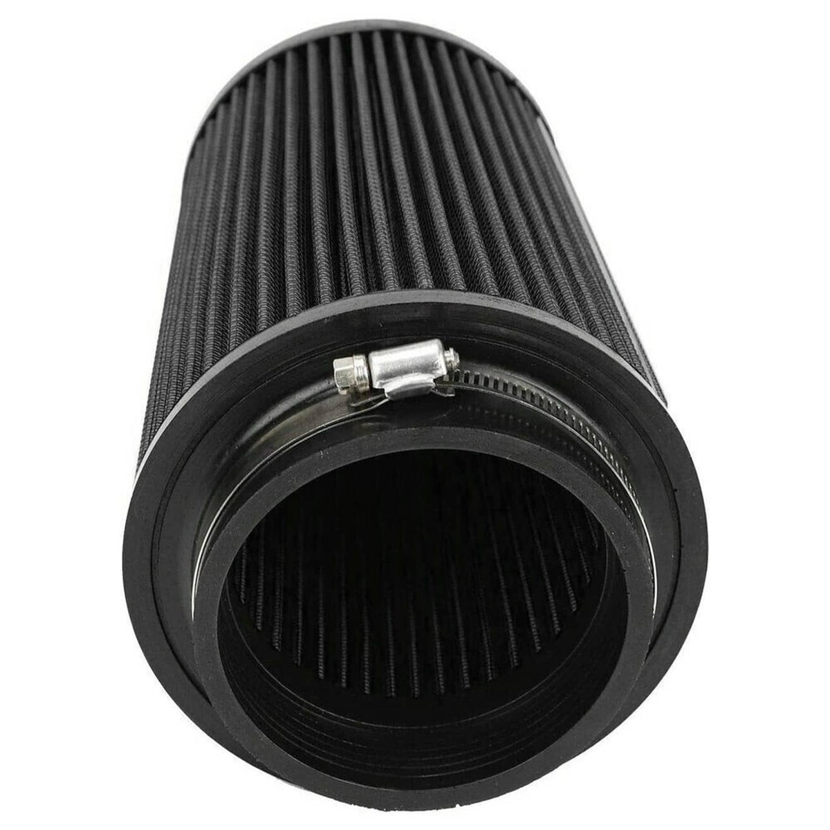 Black pleated air filter cone with mounting flange and metal retaining band