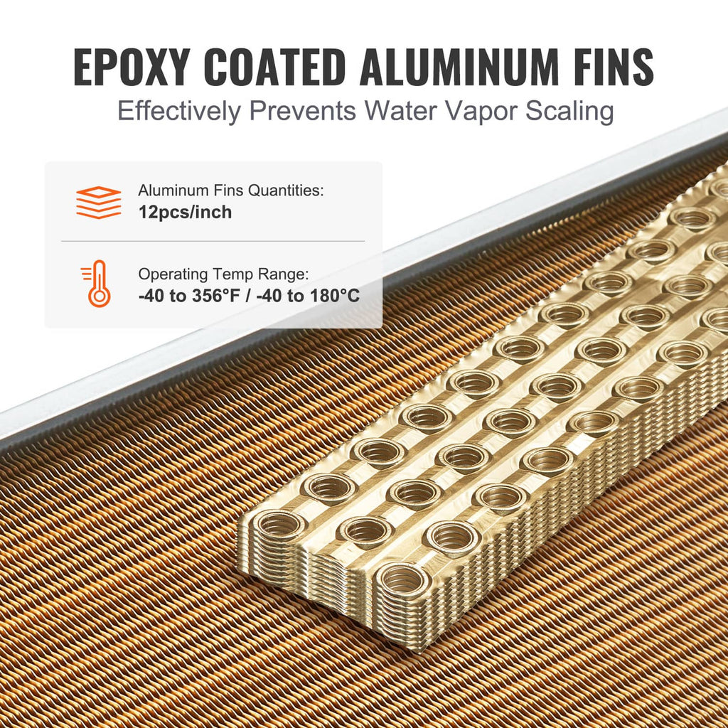 Water-to-air heat exchanger close-up of fin core with capped tube openings