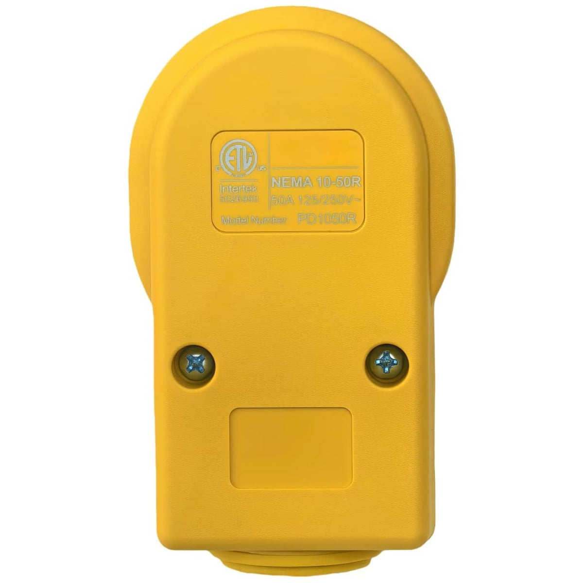 Industrial yellow NEMA 10-50R female receptacle rear with certification label