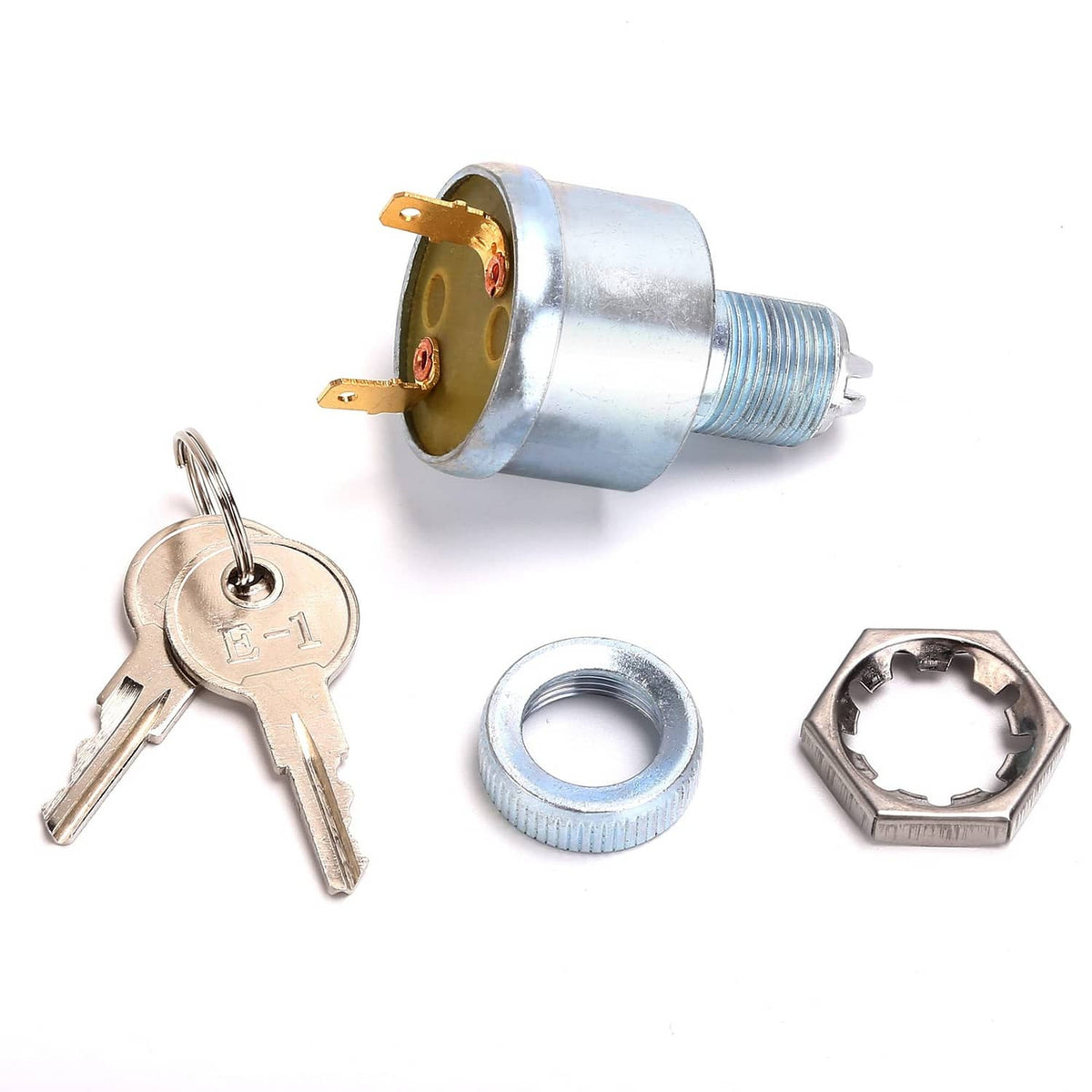Golf cart ignition key switch with two keys, metal nut, and mounting terminal tabs.