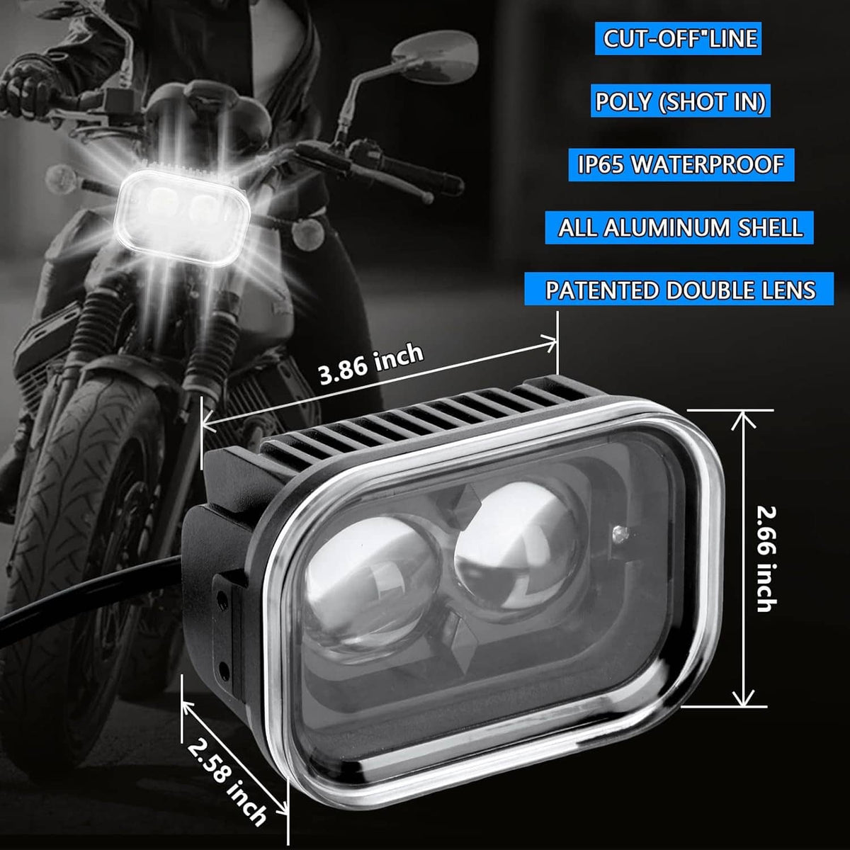 Rectangular dual-lens LED work light with front glass cover and metal frame