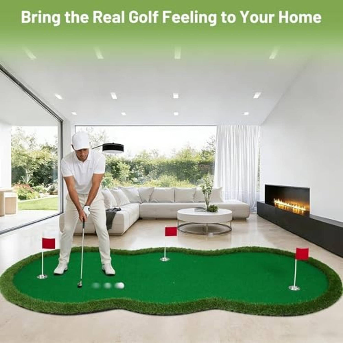 Indoor golf putting green mat on floor with red flags and metal cups