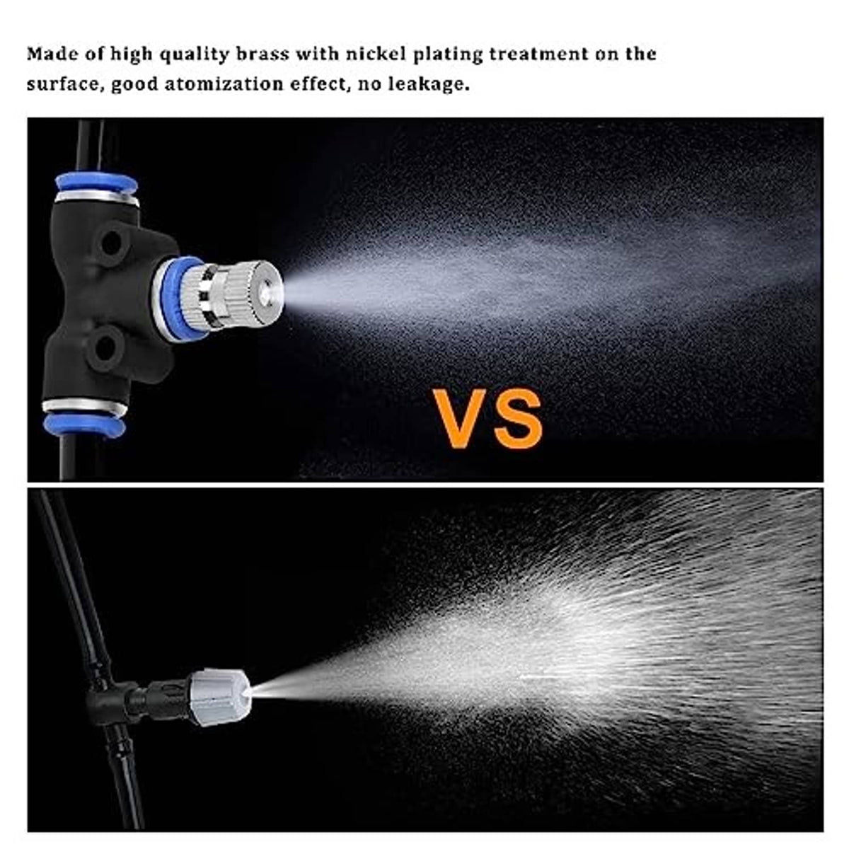 Two brass mister nozzles spraying fine mist from hose connections
