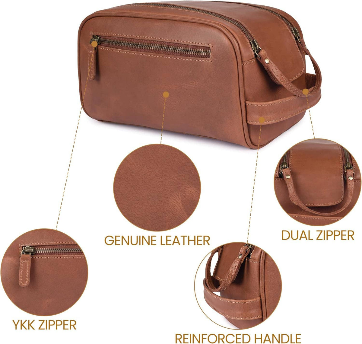 Brown leather dopp kit with dual zippers and reinforced side handle