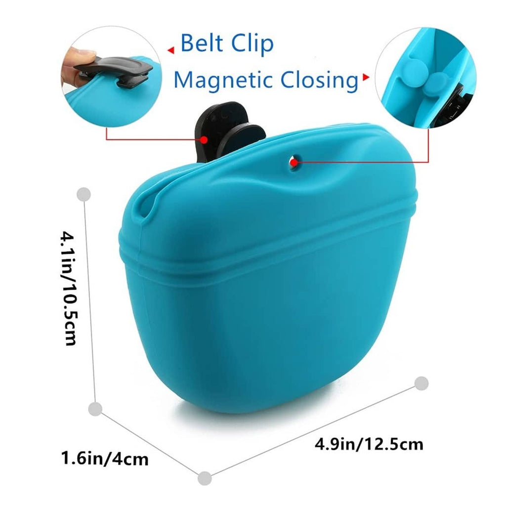 Blue silicone dog treat pouch with belt clip and magnetic-style closure