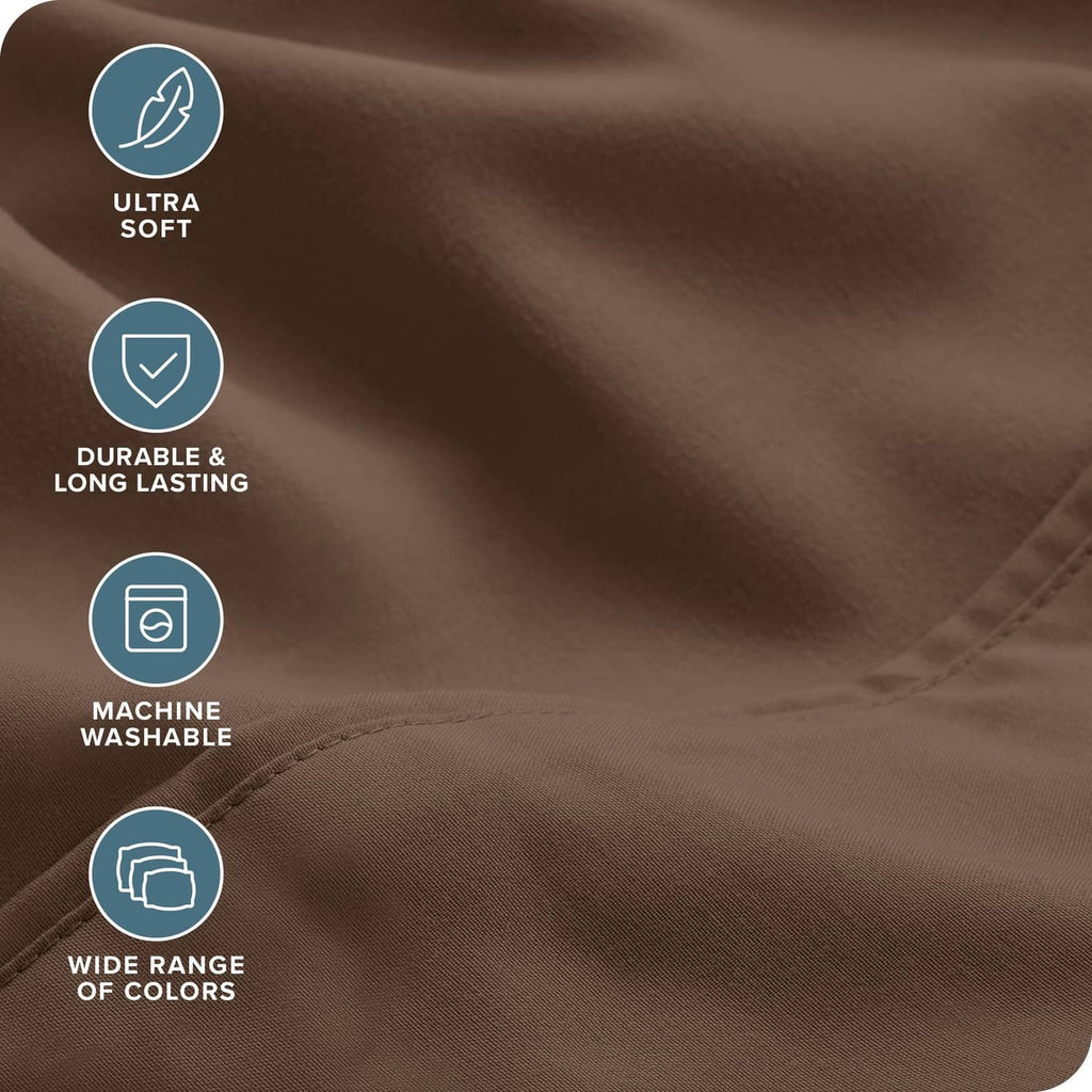 Cocoa brown woven sheet fabric close-up with visible stitching and seams
