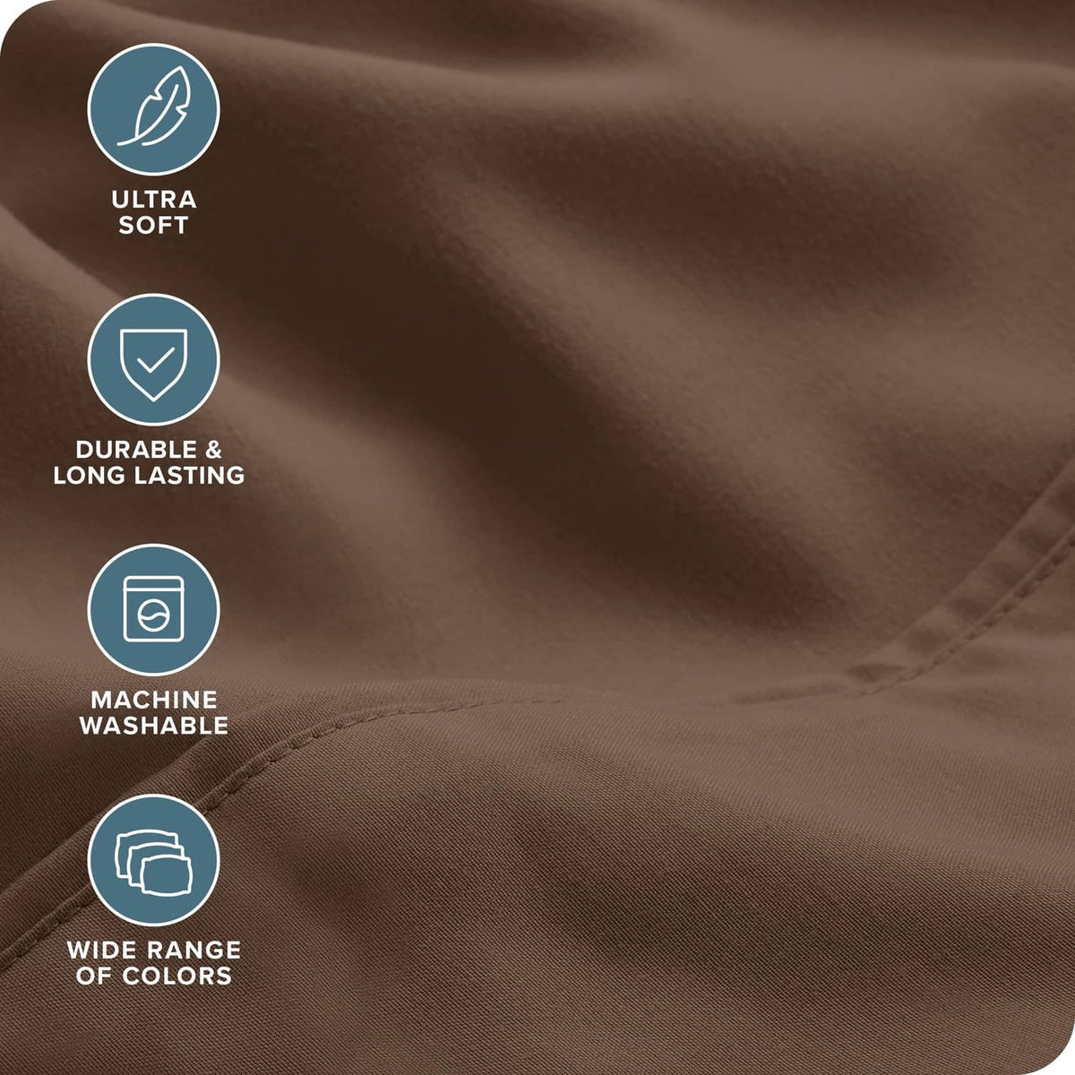 Cocoa brown woven sheet fabric close-up with visible stitching and seams