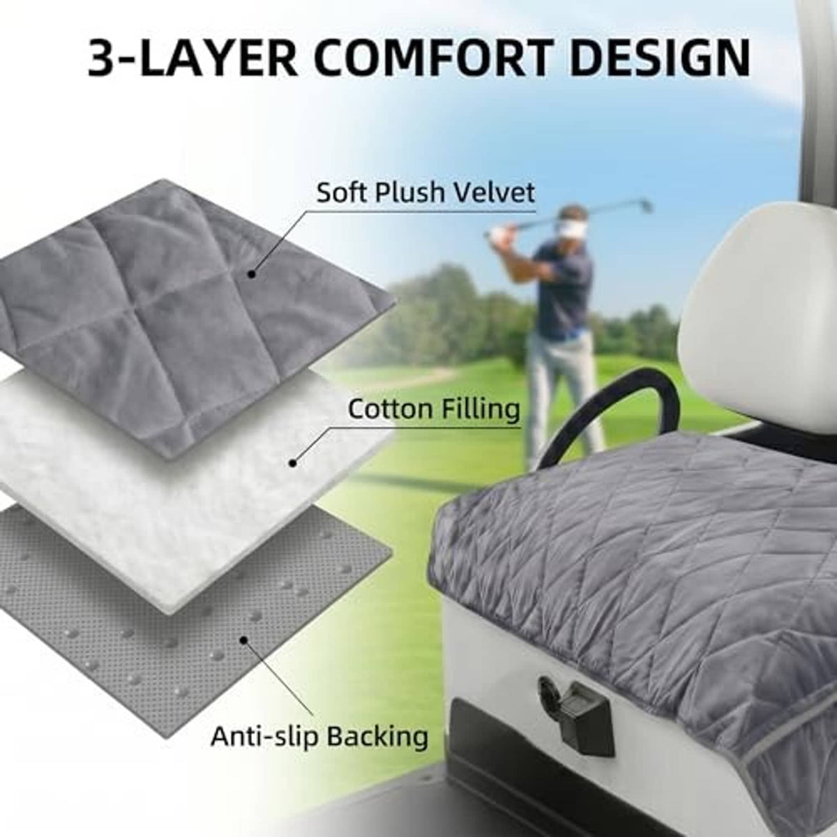 Gray quilted plush seat cover with cotton filling and anti-slip backing backing layer