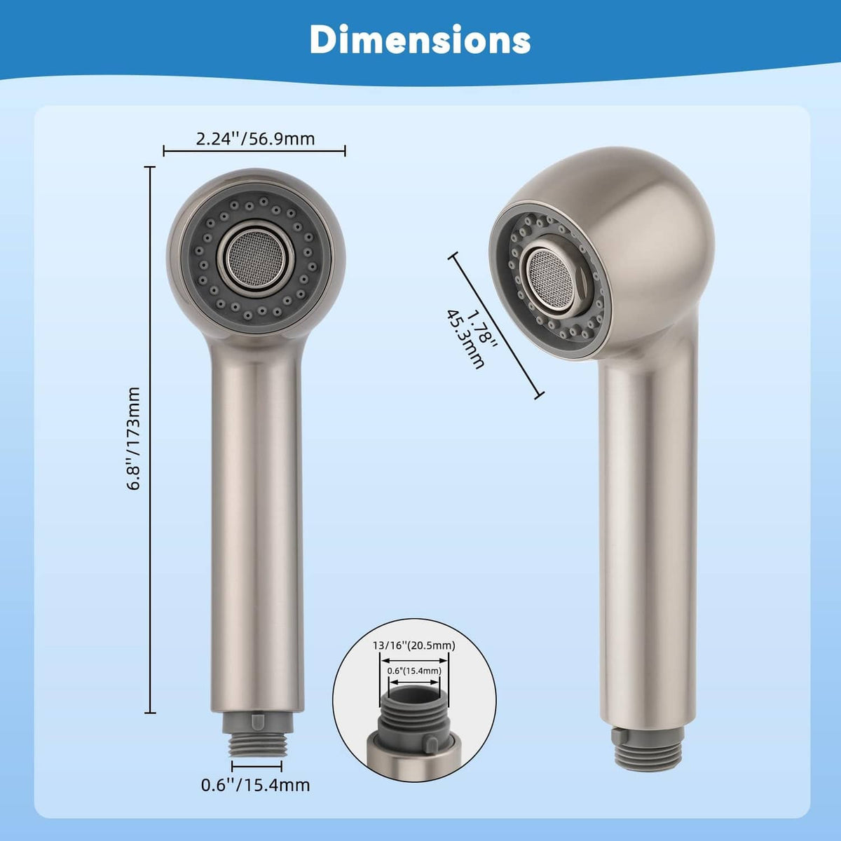 Pull-out sink sprayer head replacement, brushed nickel, round nozzle face and curved handle