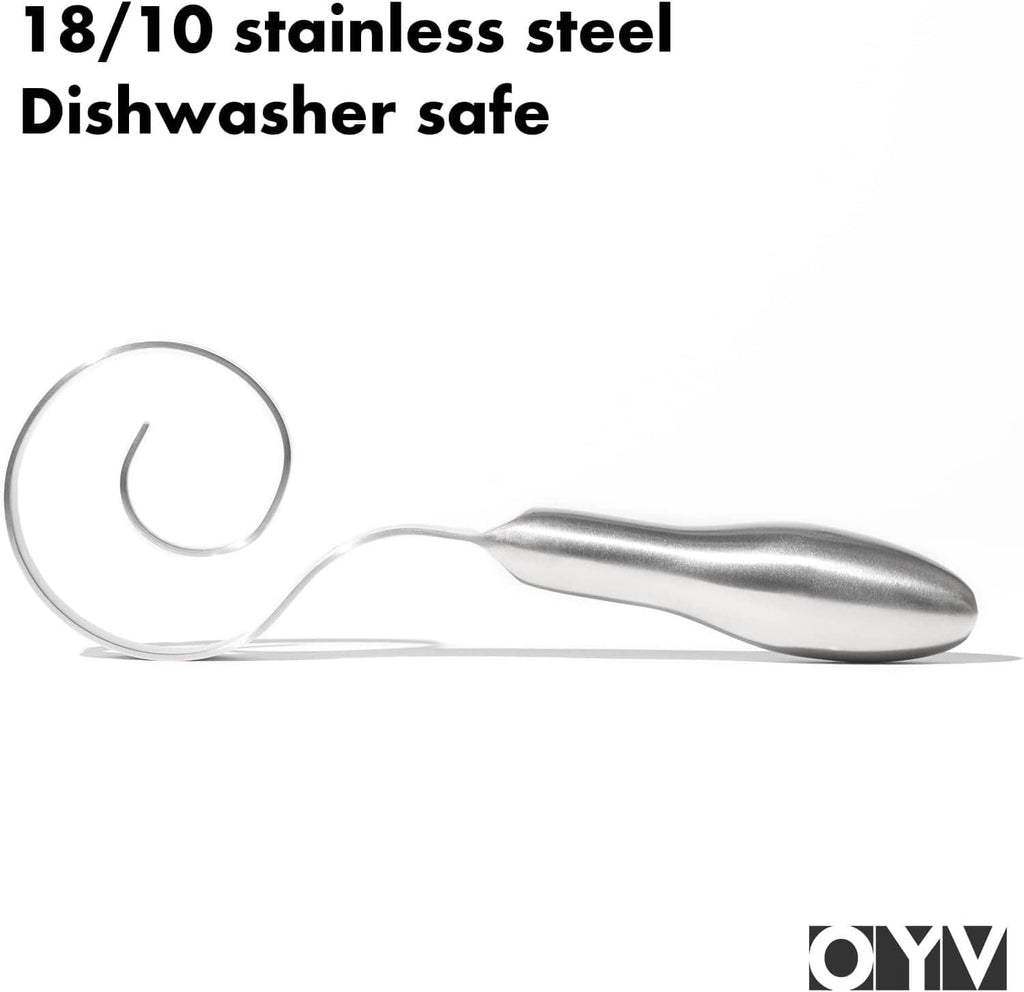 Stainless steel dough whisk with round loop and smooth, curved handle