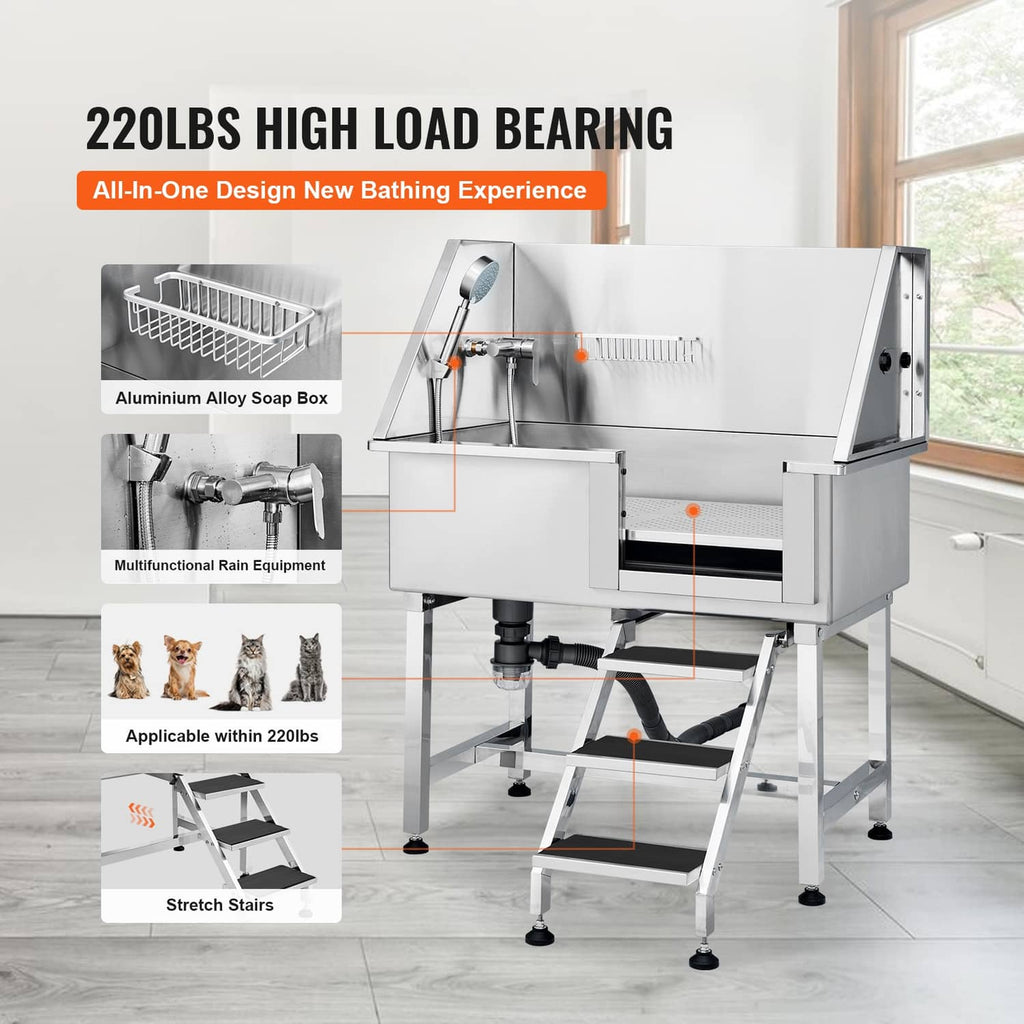 Stainless steel pet wash station with rail stairs and grooming tub interior platform