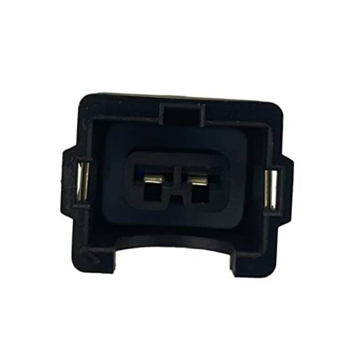 Black electrical connector housing with two metal pins for wiring harness
