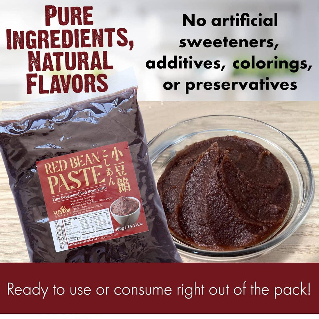 Fine sweetened red bean paste pouch with glass bowl of dark red paste