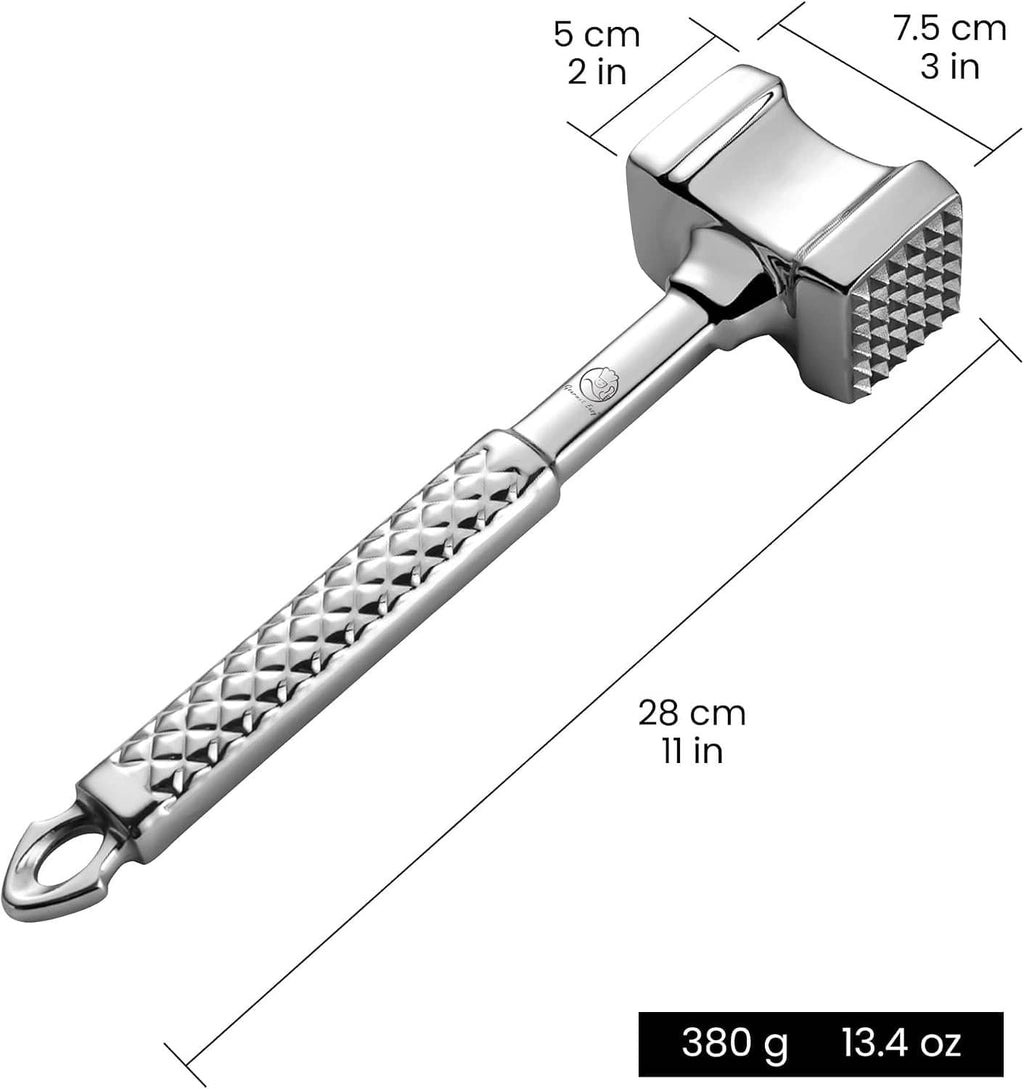 Stainless meat tenderizer mallet with 28 cm length and textured dual-sided head
