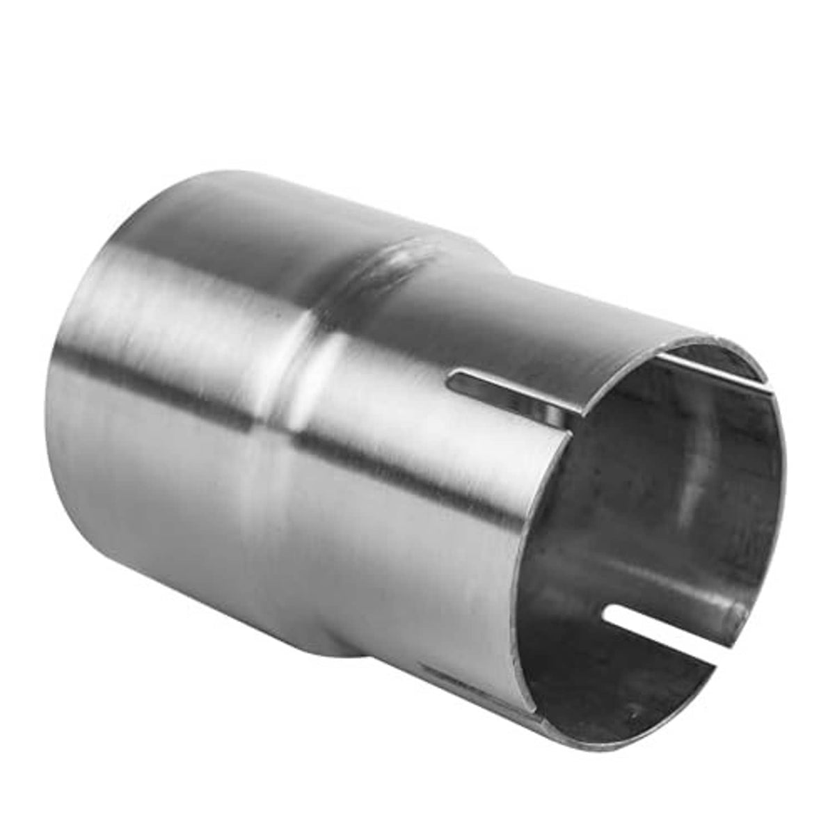 Angled view of 2.75-inch stainless steel exhaust adapter coupler with flared end