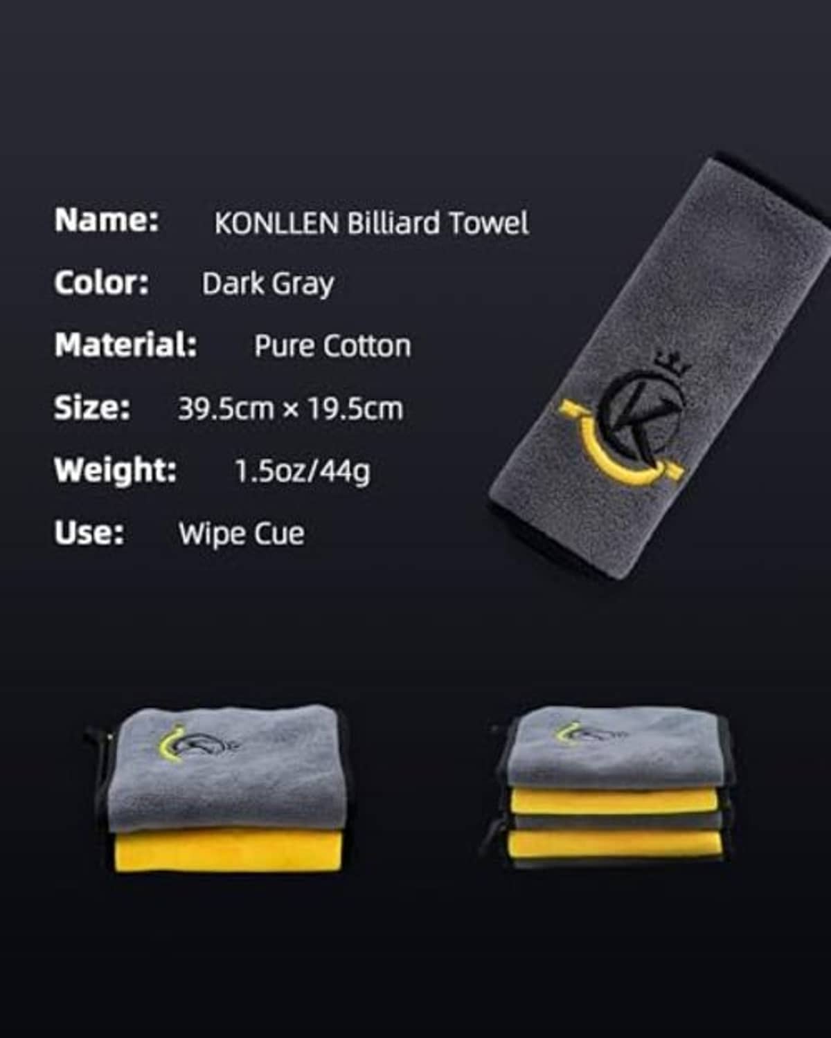 Dark gray cue cleaning towel with yellow backing stripe, folded