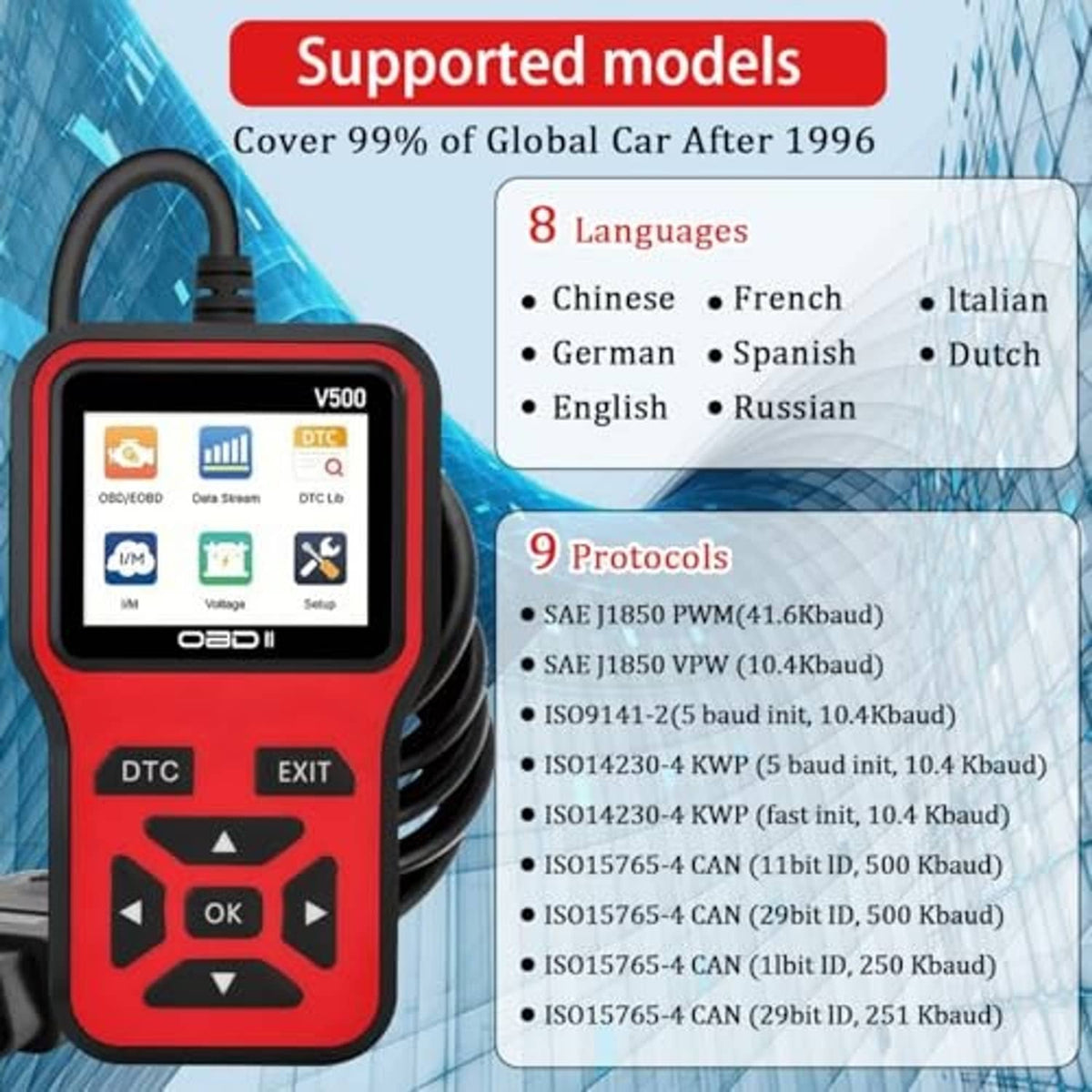 Red OBD2 scanner tool with screen showing supported models and protocols