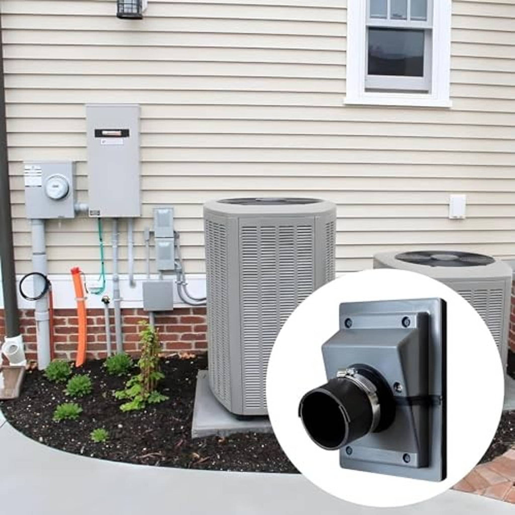 Exterior wall penetration cover with black hose collar and mounting bracket for line set