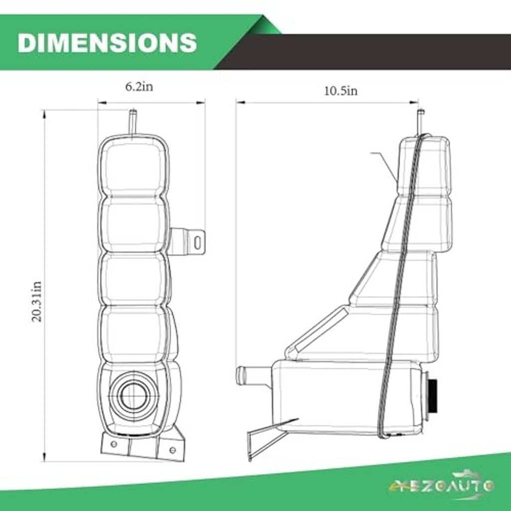 Pressurized coolant reservoir dimensions diagram with height and length measurements