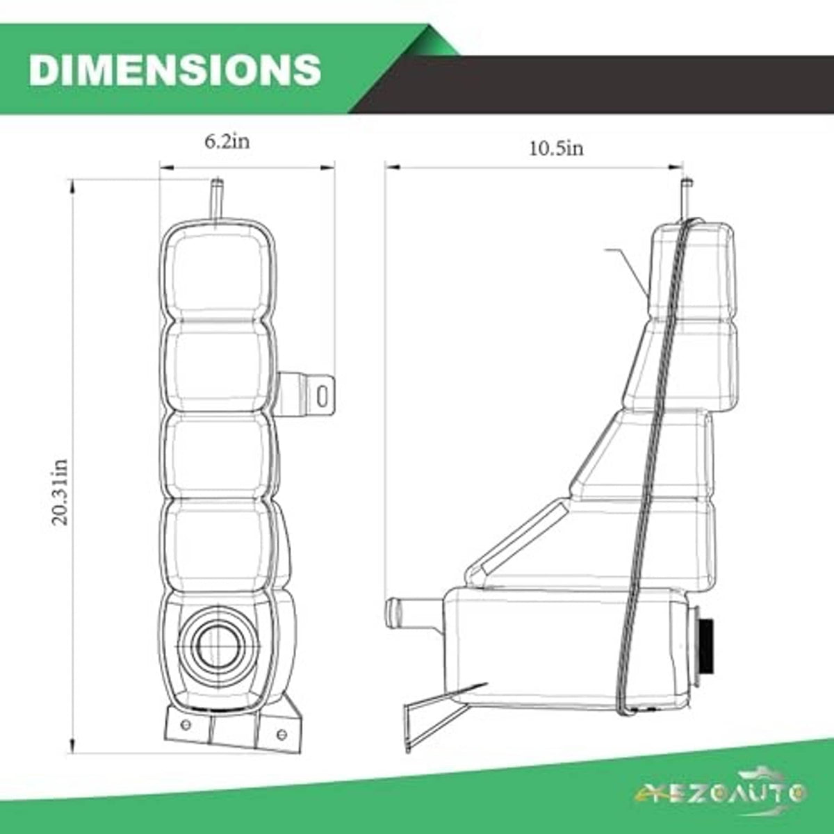 Pressurized coolant reservoir dimensions diagram with height and length measurements
