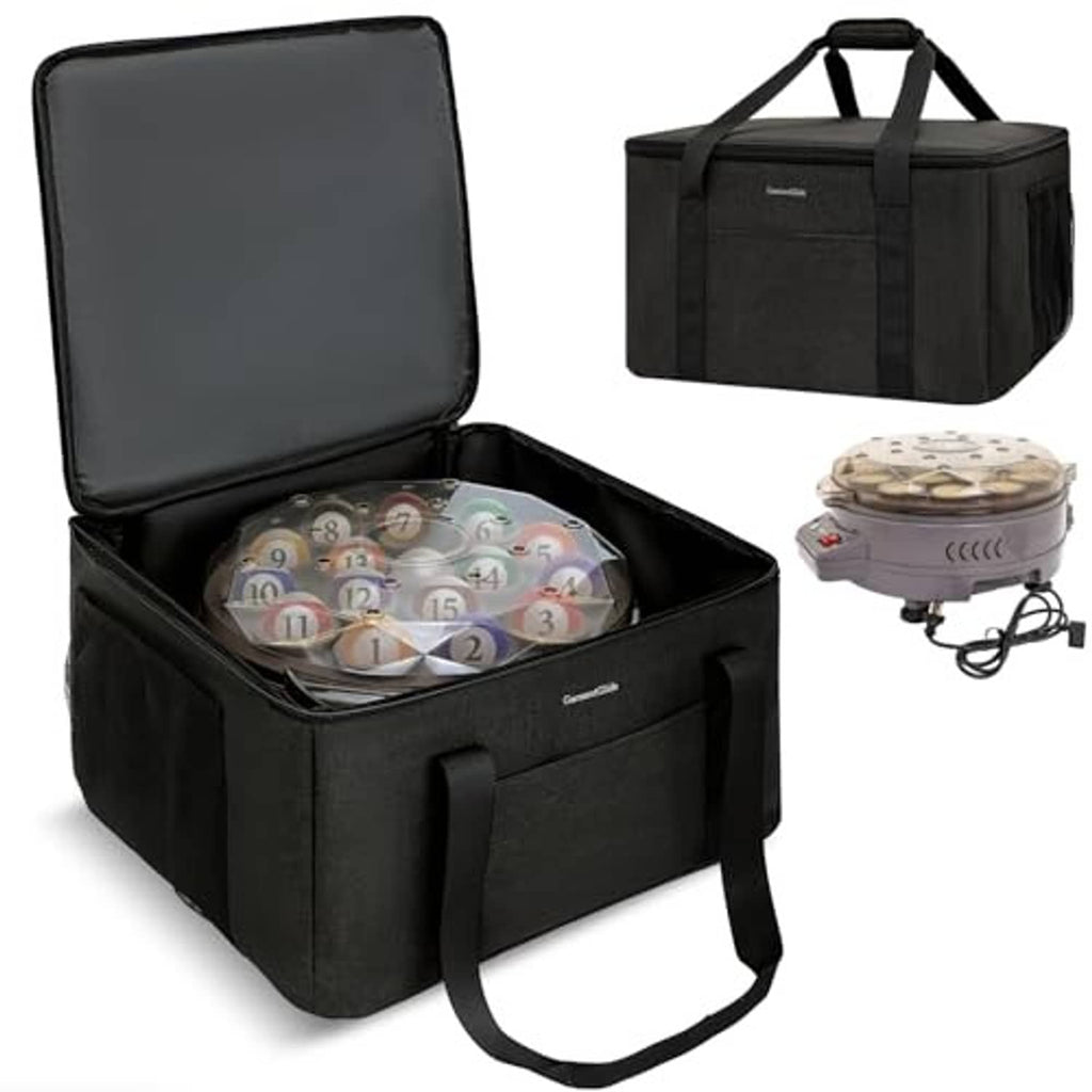 Black storage bag with zippered lid, open compartment with mesh ball tray and carry handles