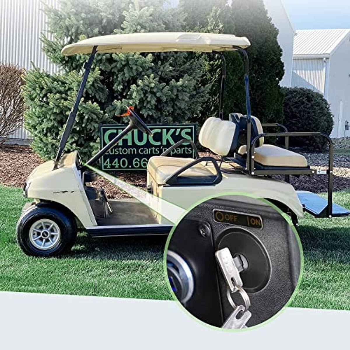Ignition switch cylinder with key on golf cart, black panel showing OFF/ON labels