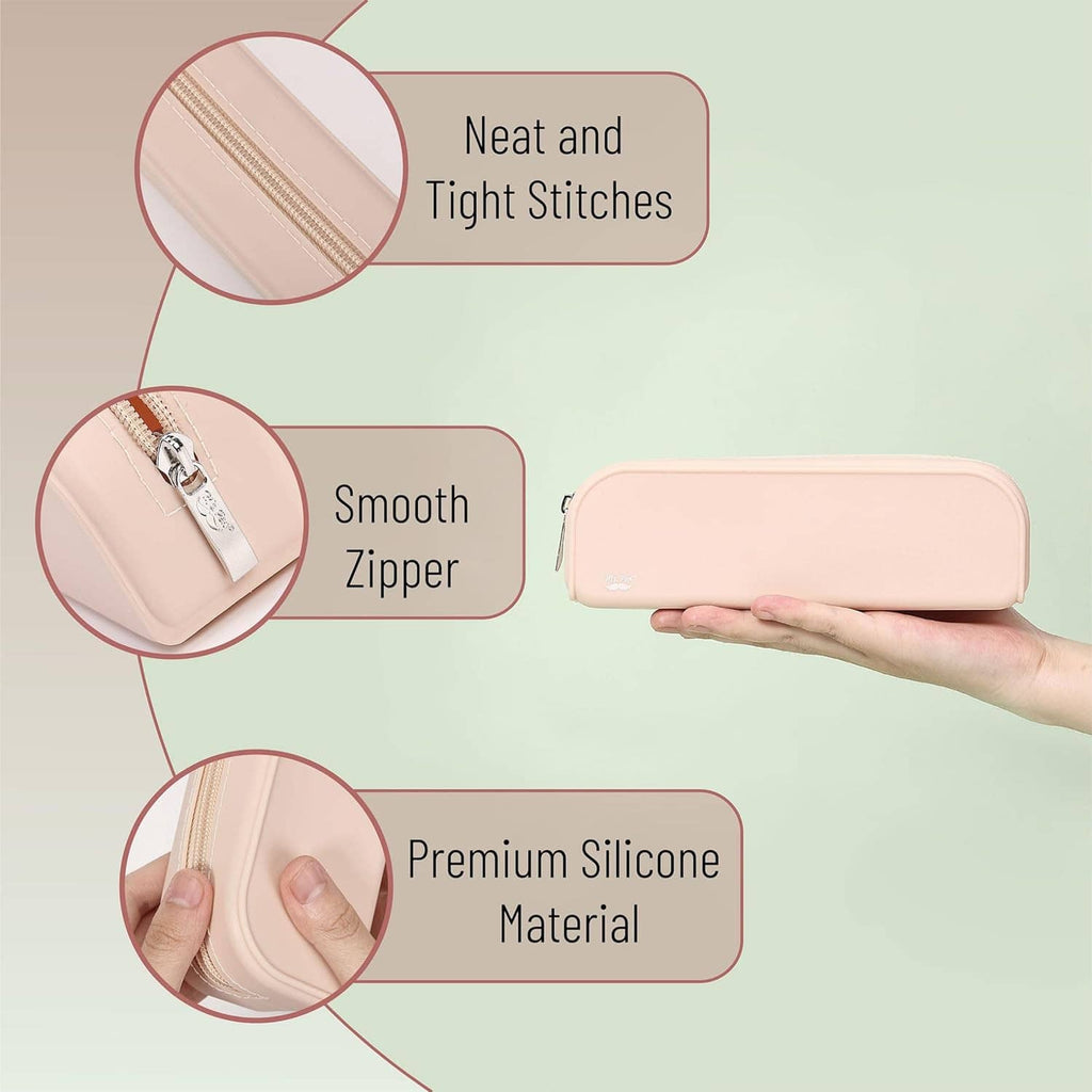 Pink silicone pencil case held in hand, showing neat stitching and smooth zipper