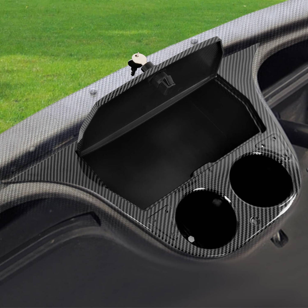 Carbon fiber-style dash compartment with open storage tray and cup holder cutouts