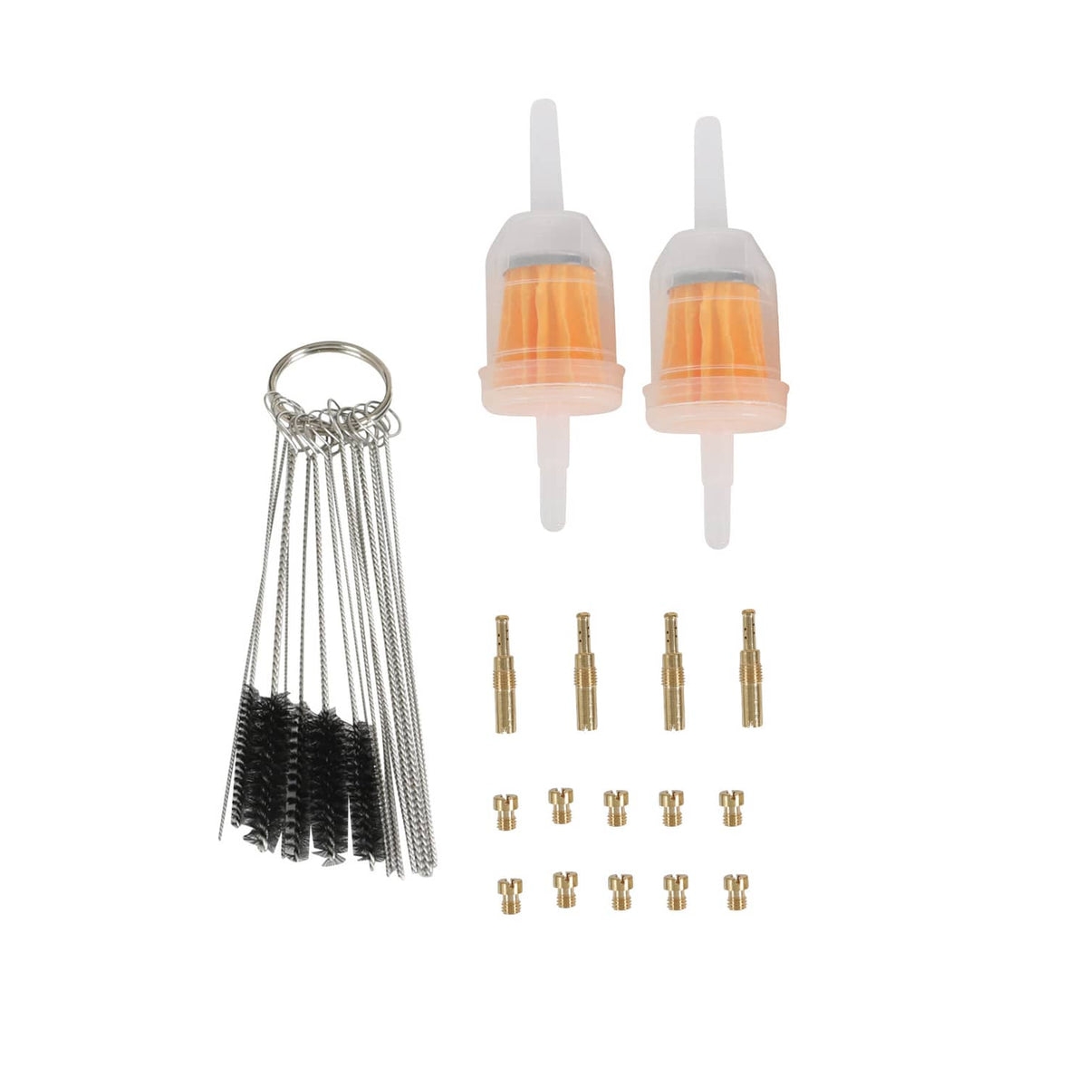 Carburetor service parts kit: two orange filters, small jets, needle valves, brushes