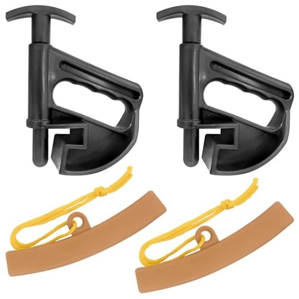 Universal tire bead clamp set: two black clamps with tan rim protectors and yellow straps