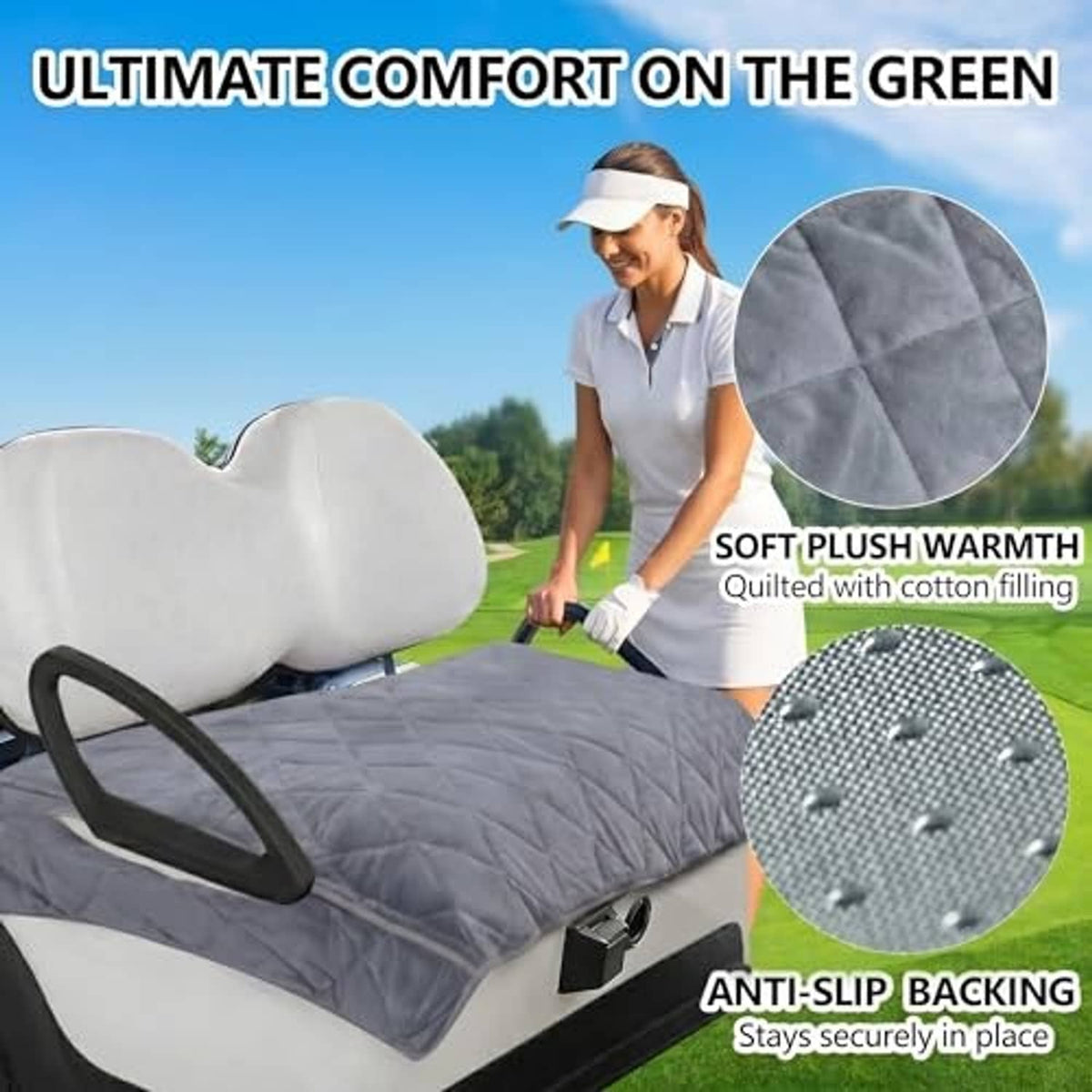 Gray quilted seat cover with soft plush warmth and anti-slip backing dots
