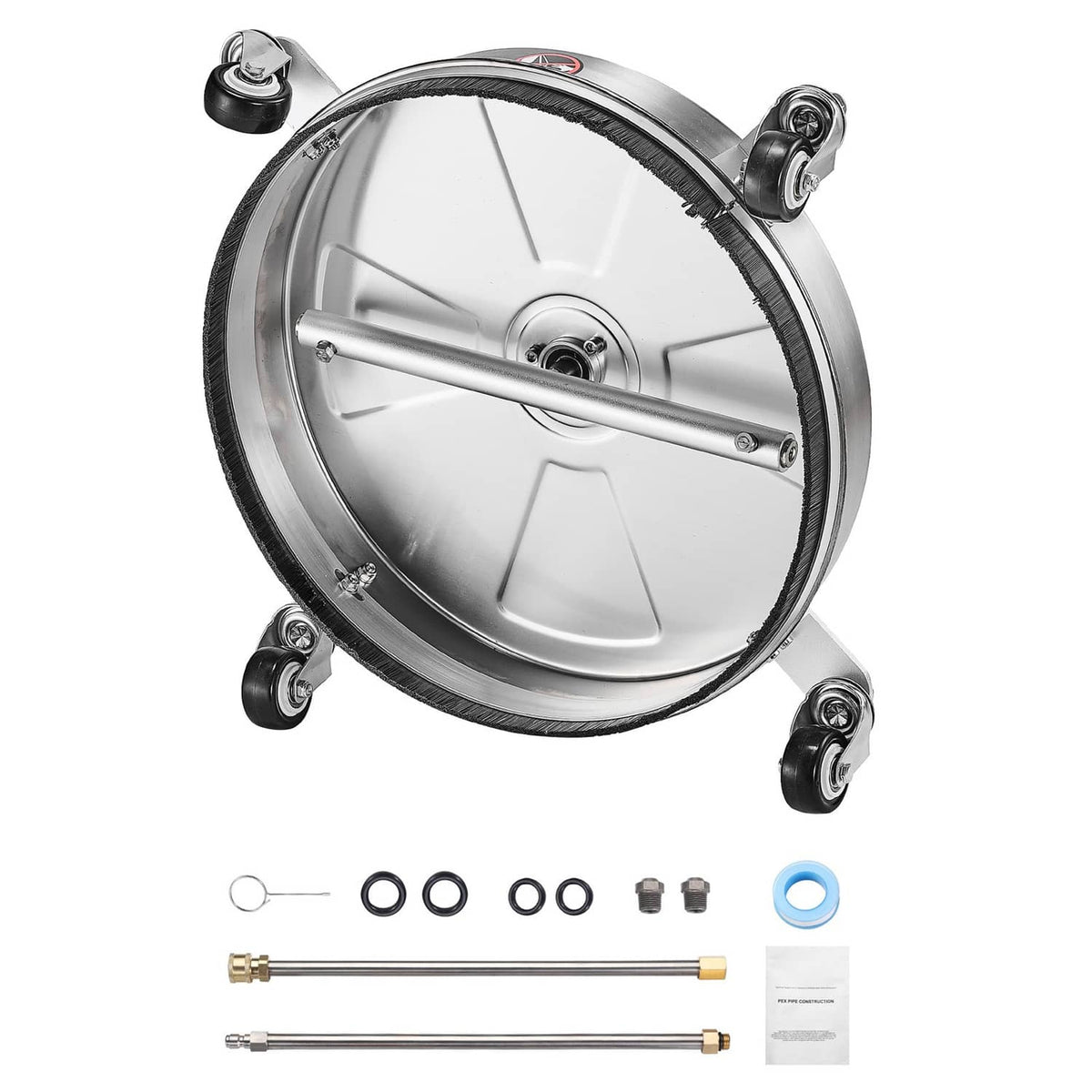 Stainless steel surface cleaner with 4 wheels, brush skirt, and wand attachment parts