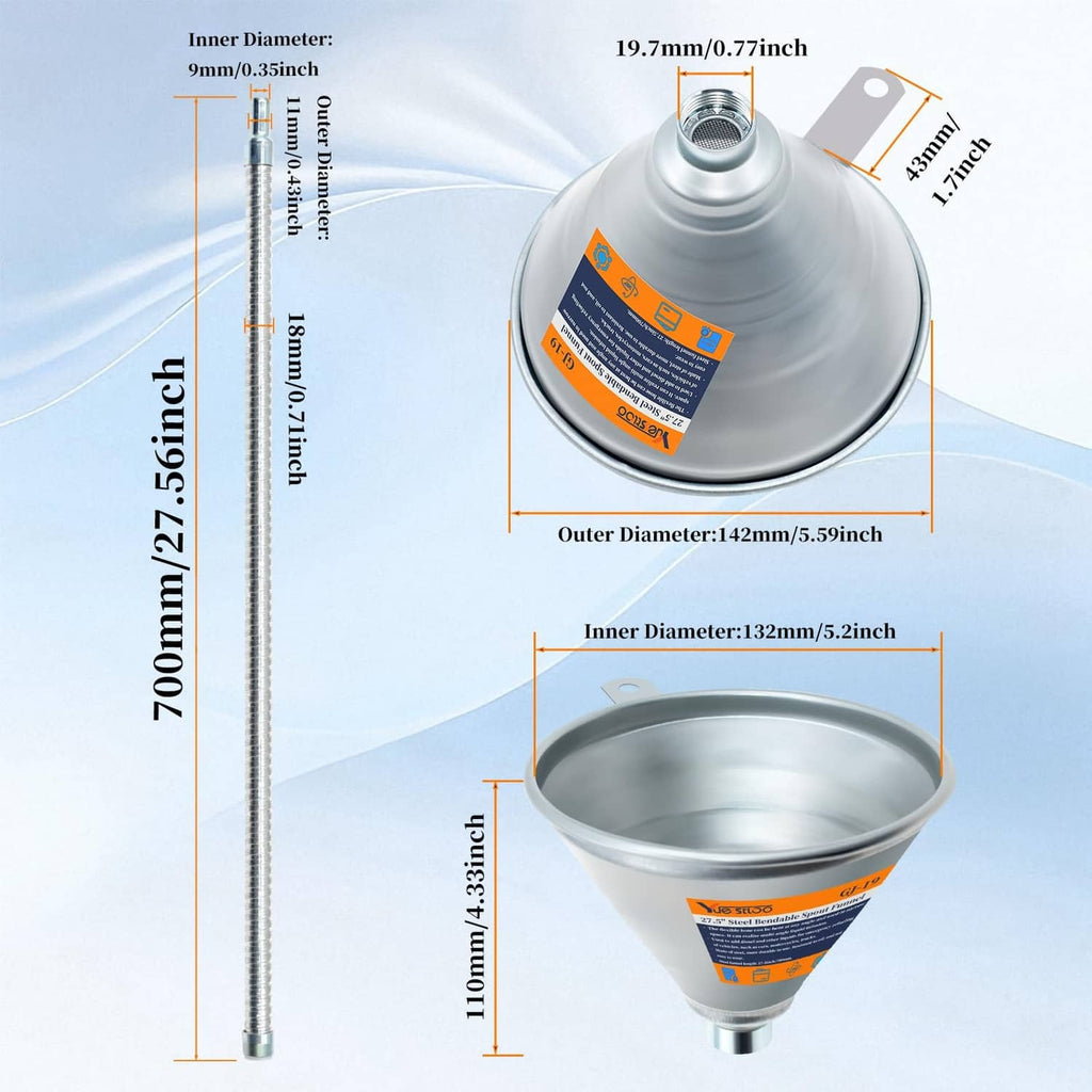 Silver steel bendable funnel with filter, wide mouth and narrow spout tube