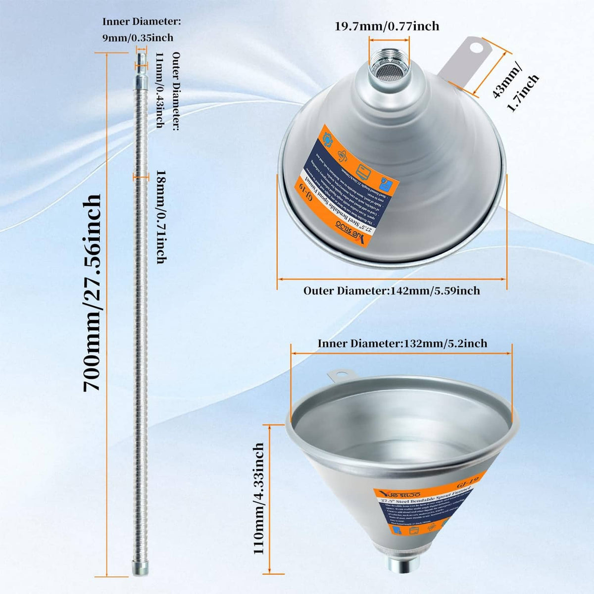 Silver steel bendable funnel with filter, wide mouth and narrow spout tube